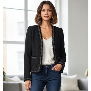 Rebecca Taylor Black Bouclé Fringe Trim Chain Link Jacket Navy, Womens Size 6 US